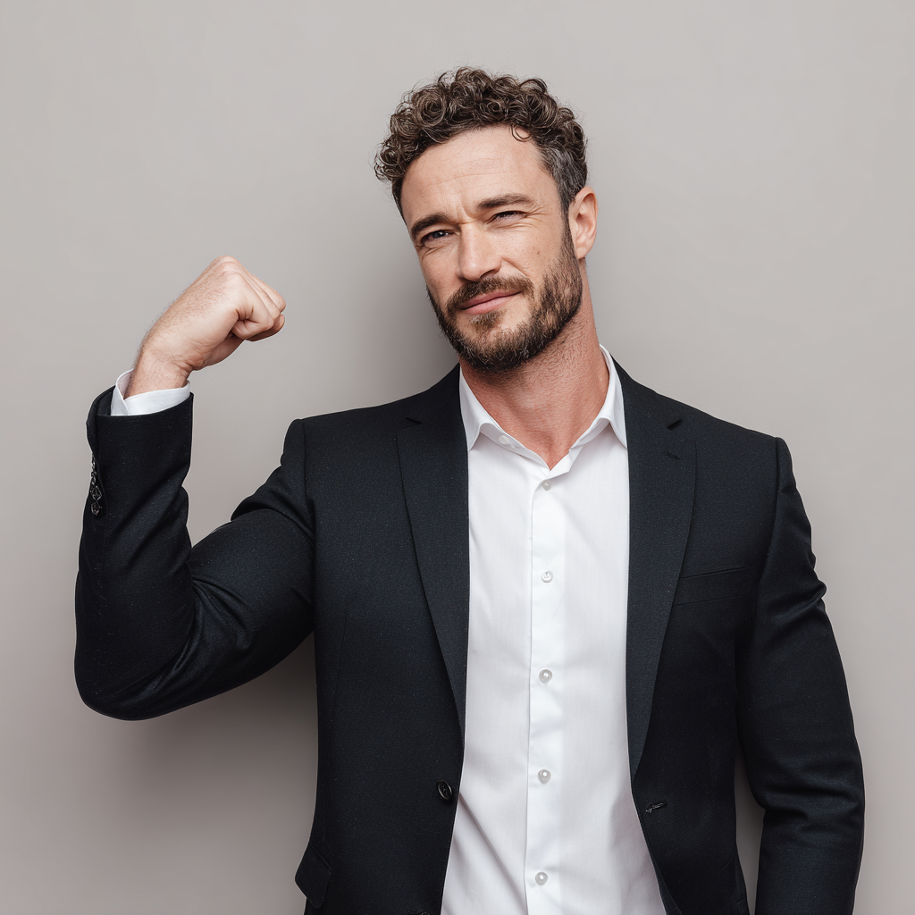 Confident successful man showing physical and mental transformation results