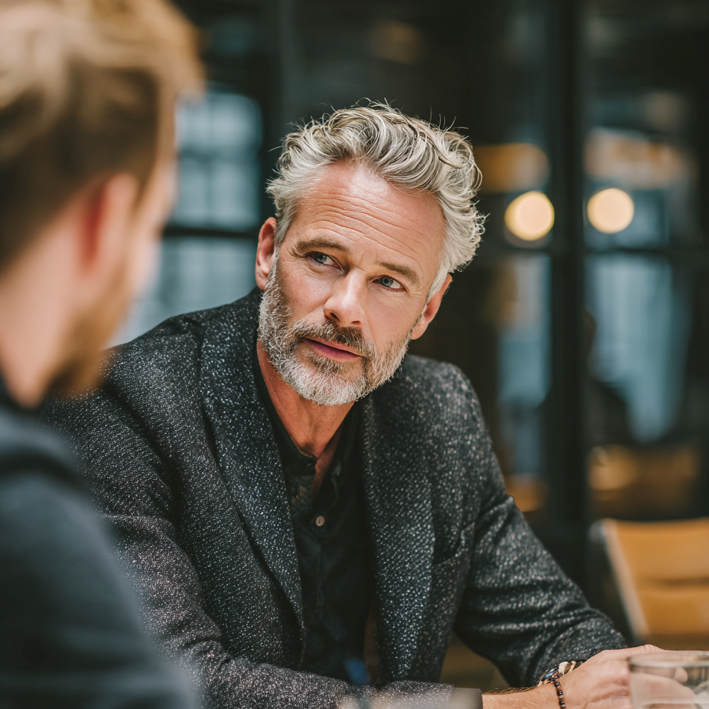 Professional mentor coaching motivated man in modern training environment